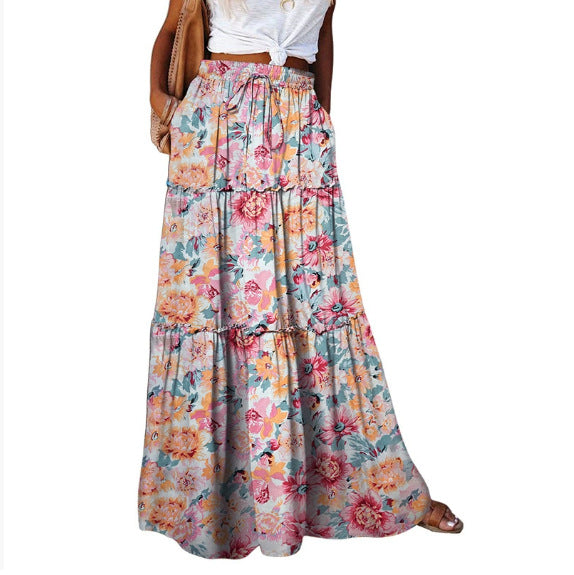 Bohemian Patchwork Print Tiered Maxi Skirt | Elastic Waist Pocket Skirt