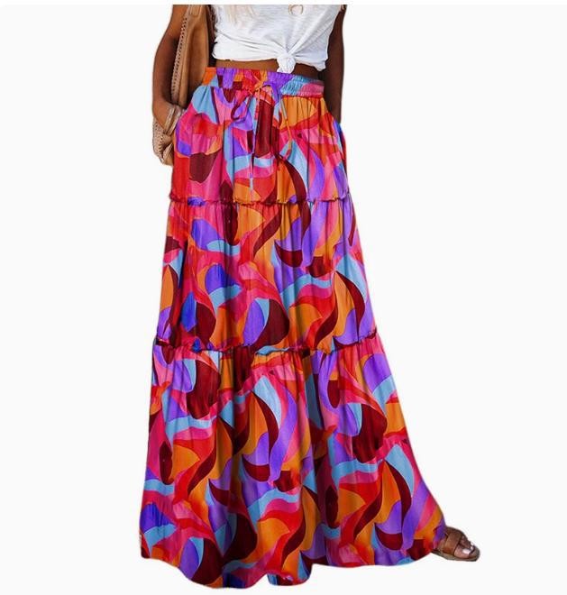 Bohemian Patchwork Print Tiered Maxi Skirt | Elastic Waist Pocket Skirt