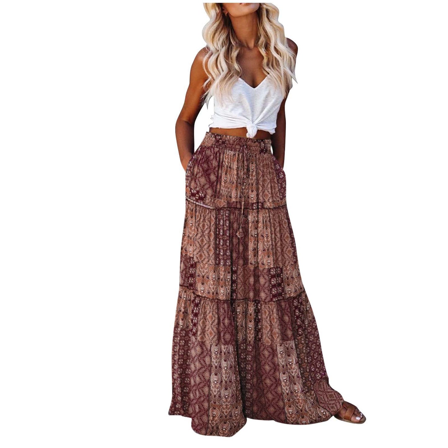 Bohemian Patchwork Print Tiered Maxi Skirt | Elastic Waist Pocket Skirt