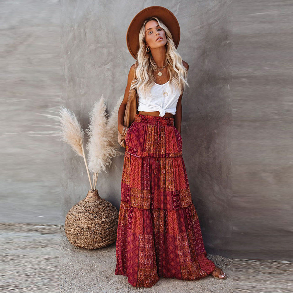 Bohemian Patchwork Print Tiered Maxi Skirt | Elastic Waist Pocket Skirt