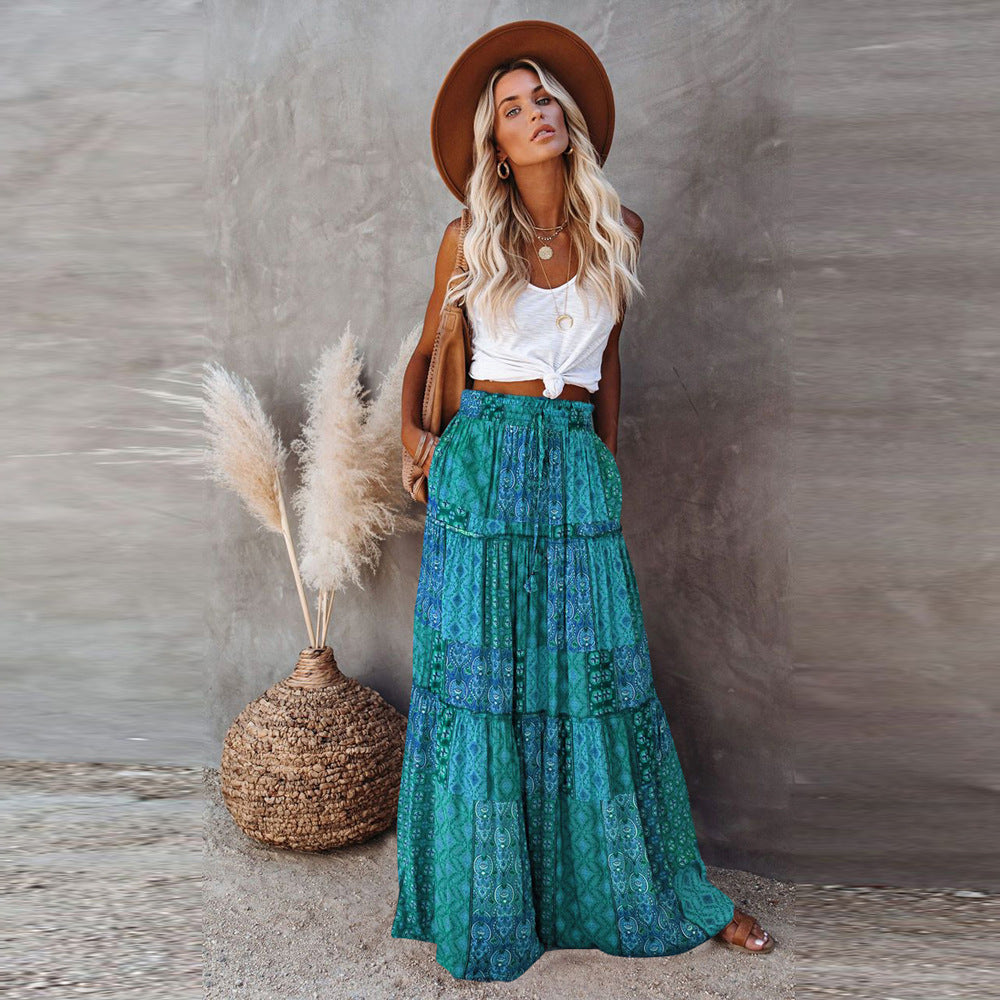 Bohemian Patchwork Print Tiered Maxi Skirt | Elastic Waist Pocket Skirt