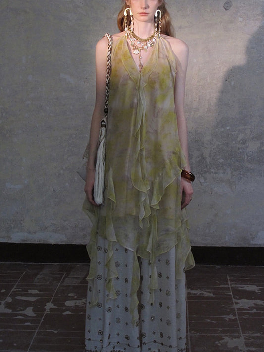 Yellow White Tie Dye Halter Ruffle Fringe Mini Dress | Vacation Style Irregular Chiffon Dress