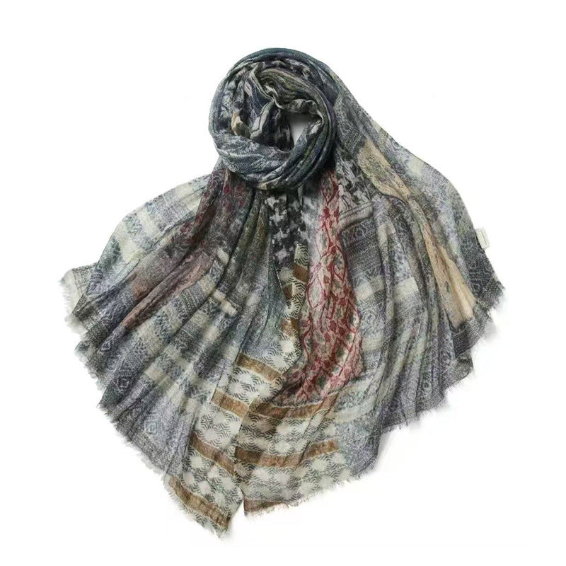 Boho Vintage Printed Wool Scarf | Luxury Versatile Shawl