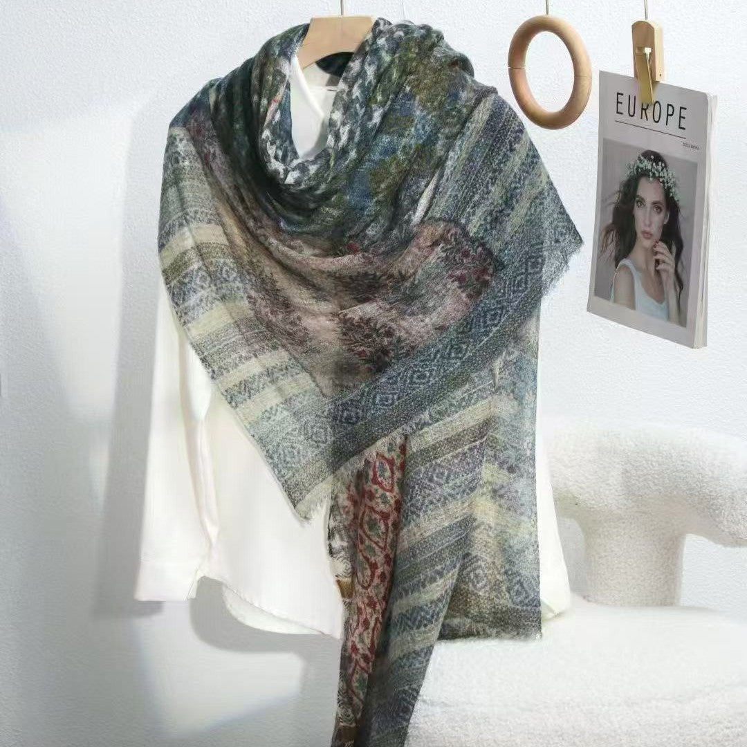 Boho Vintage Printed Wool Scarf | Luxury Versatile Shawl