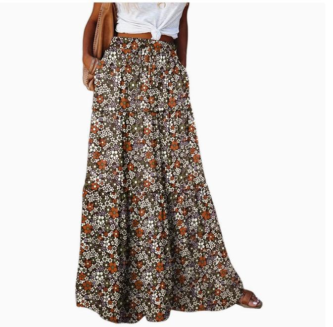 Bohemian Patchwork Print Tiered Maxi Skirt | Elastic Waist Pocket Skirt