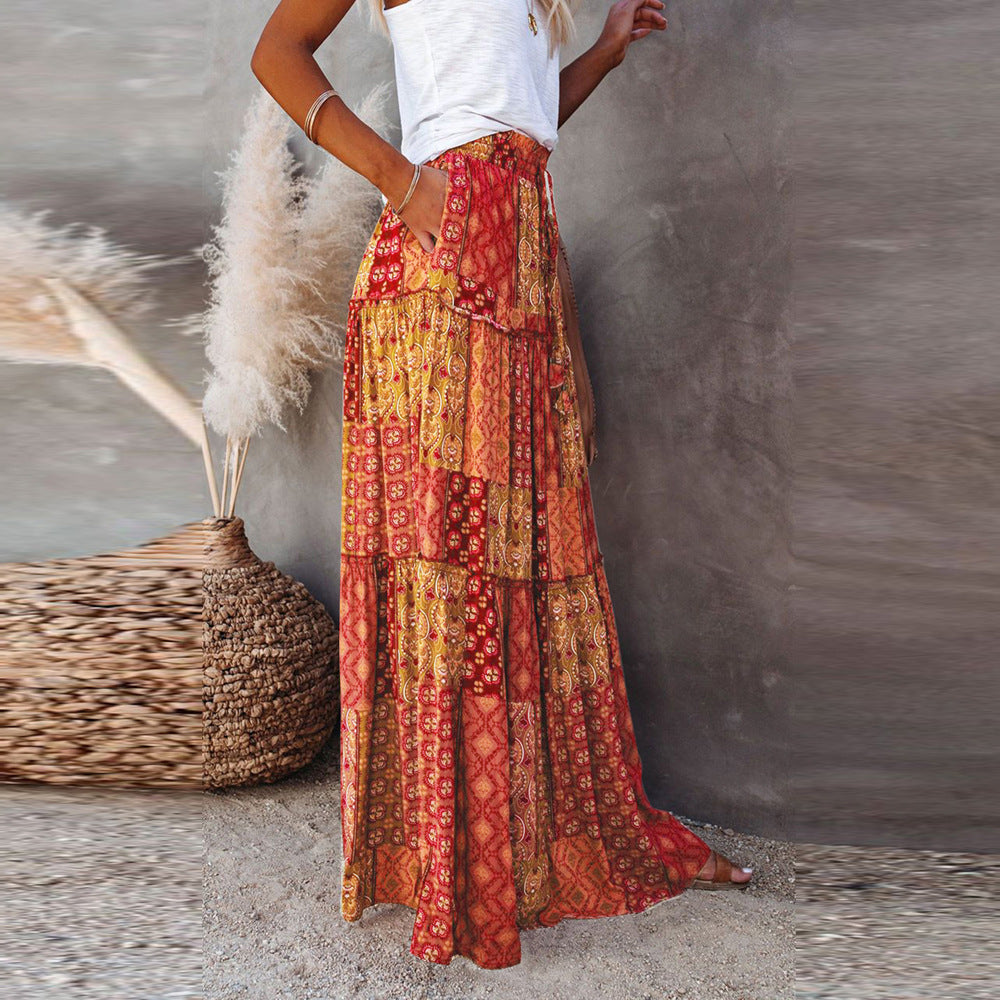 Bohemian Patchwork Print Tiered Maxi Skirt | Elastic Waist Pocket Skirt