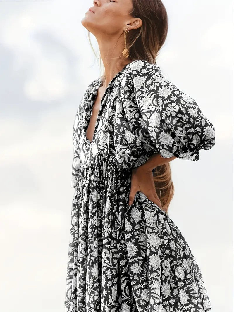 Bohemian Puff Sleeve Floral Maxi Dress | Vacation Style V-Neck Tie Dress