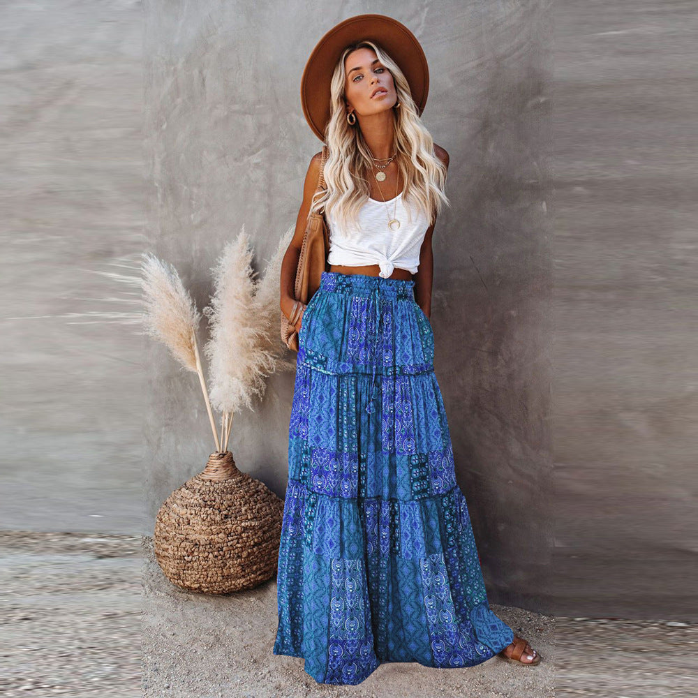 Bohemian Patchwork Print Tiered Maxi Skirt | Elastic Waist Pocket Skirt