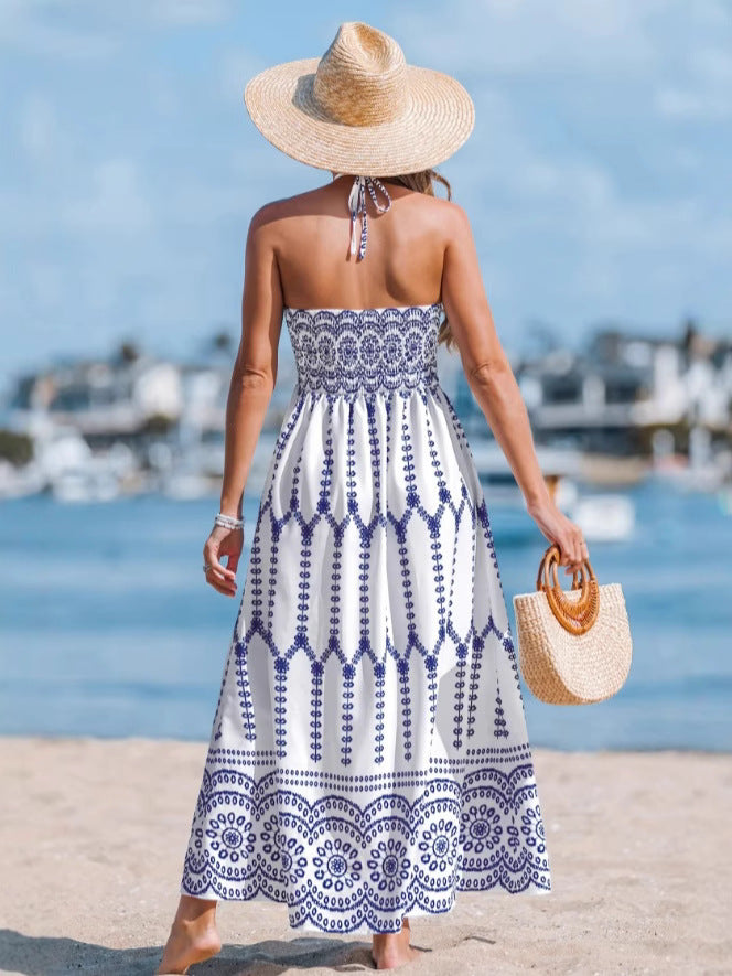 Boho Halter Printed High Slit Tiered Maxi Dress | Ethnic Style Vacation Beach Dress