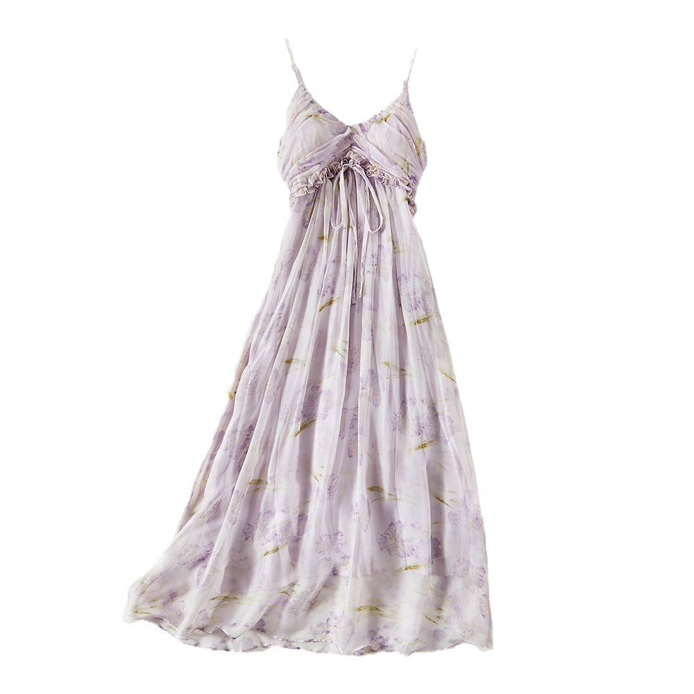 Lavender Tie-Dye Floral V-Neck Drawstring Cami Maxi Dress | Vacation Elegant Beach Dress