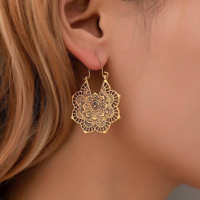 Boho Vintage Mandala Pattern Filigree Hoop Earrings | Ethnic Style Unique Design Earrings