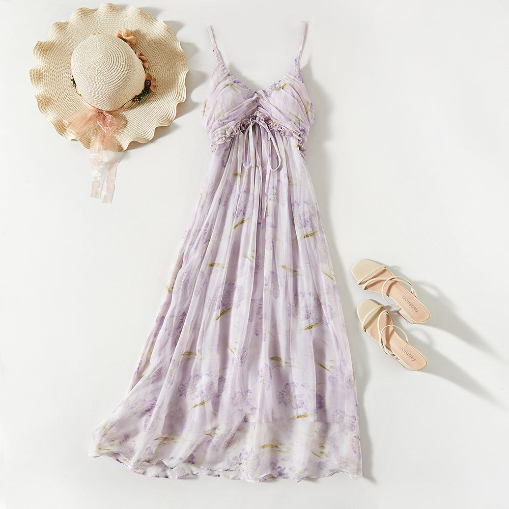 Lavender Tie-Dye Floral V-Neck Drawstring Cami Maxi Dress | Vacation Elegant Beach Dress