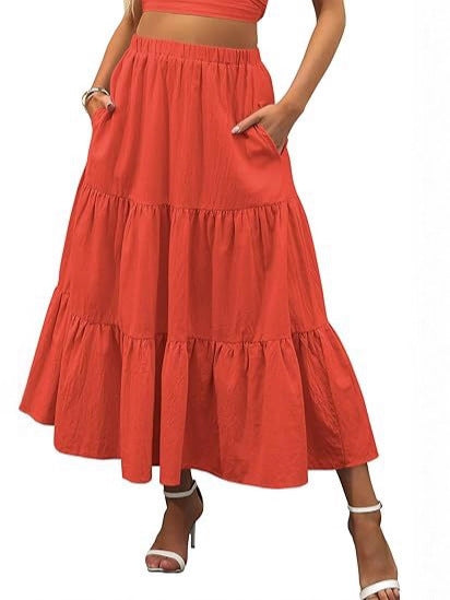 Solid Color Elastic Waist Tiered Midi Skirt | Pocket Style Maxi Skirt