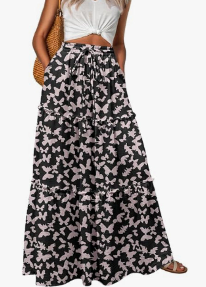 Bohemian Patchwork Print Tiered Maxi Skirt | Elastic Waist Pocket Skirt