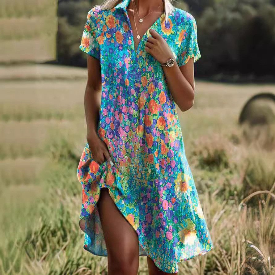 V-Neck Short Sleeve Pocket Slit Dress | Vacation Style Loose Print Midi Dress