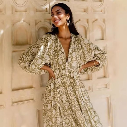 Bohemian Puff Sleeve Floral Maxi Dress | Vacation Style V-Neck Tie Dress