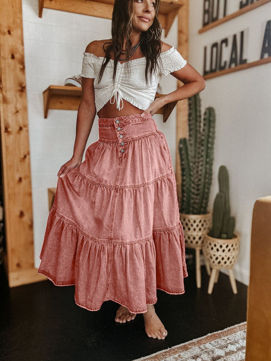 High Waist Buttoned Tiered Ruffle Denim Maxi Skirt | Vintage Loose A-Line Flowy Skirt