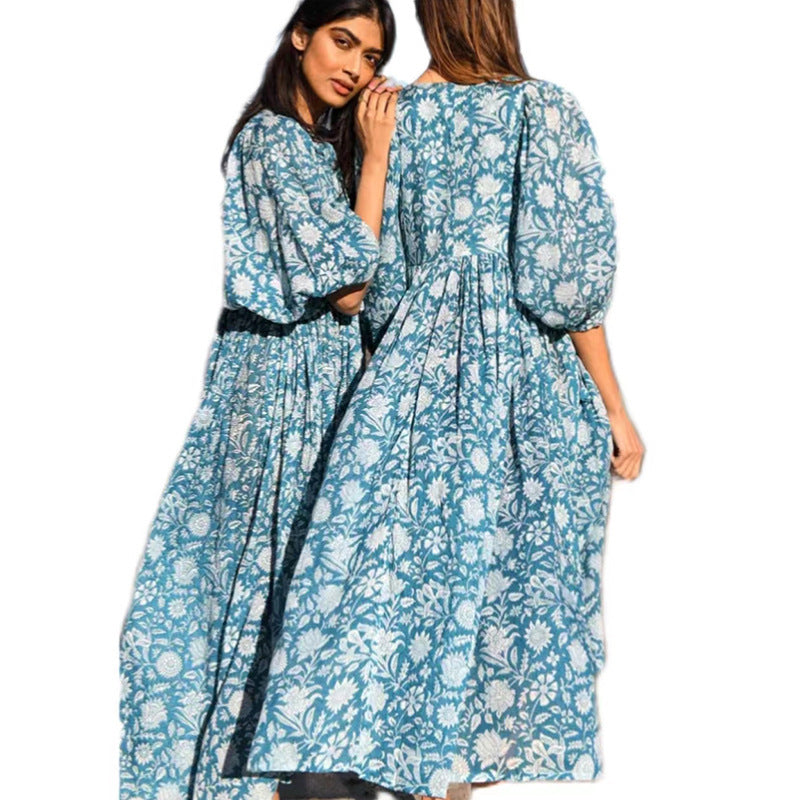 Bohemian Puff Sleeve Floral Maxi Dress | Vacation Style V-Neck Tie Dress