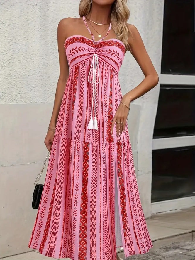 Boho Halter Printed High Slit Tiered Maxi Dress | Ethnic Style Vacation Beach Dress
