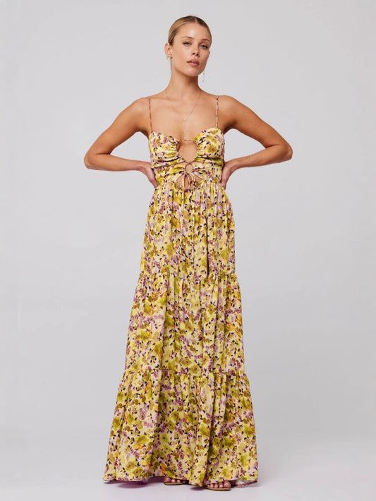 Multi-Color Floral Cutout Tie-Front Cami Tiered Maxi Dress | Vacation Style Sexy Backless Beach Dress
