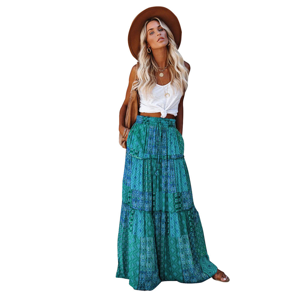 Bohemian Patchwork Print Tiered Maxi Skirt | Elastic Waist Pocket Skirt