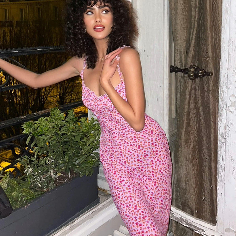 French Pink Floral Spaghetti Strap Midi Dress | Retro Square Neck Bodycon Dress