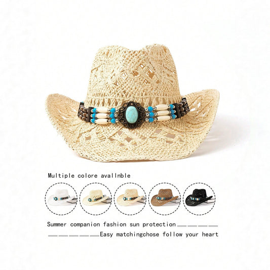 Bohemian style green beaded openwork straw cowboy hat | Vacation sun protection western hat