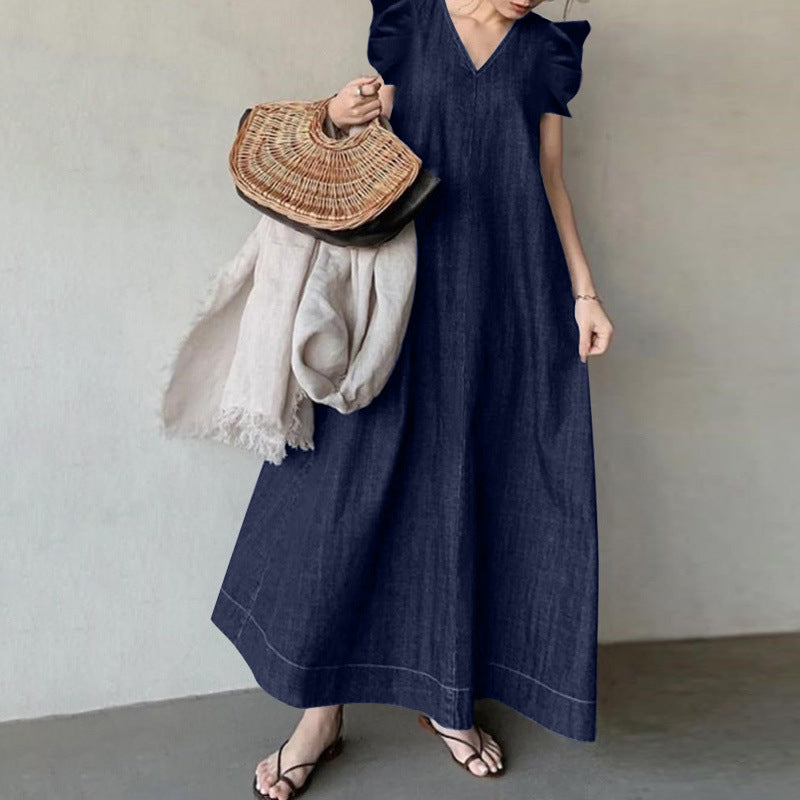 V-Neck Ruffle Sleeve Denim Style Maxi Dress | Loose Casual Vacation Dress