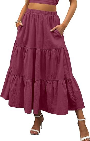 Solid Color Elastic Waist Tiered Midi Skirt | Pocket Style Maxi Skirt