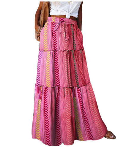 Bohemian Patchwork Print Tiered Maxi Skirt | Elastic Waist Pocket Skirt