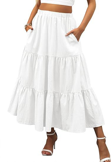 Solid Color Elastic Waist Tiered Midi Skirt | Pocket Style Maxi Skirt