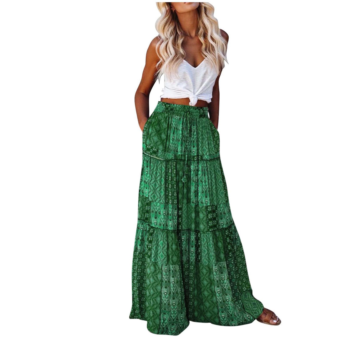 Bohemian Patchwork Print Tiered Maxi Skirt | Elastic Waist Pocket Skirt