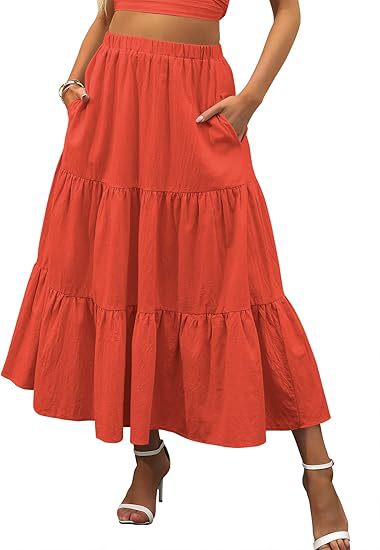 Solid Color Elastic Waist Tiered Midi Skirt | Pocket Style Maxi Skirt