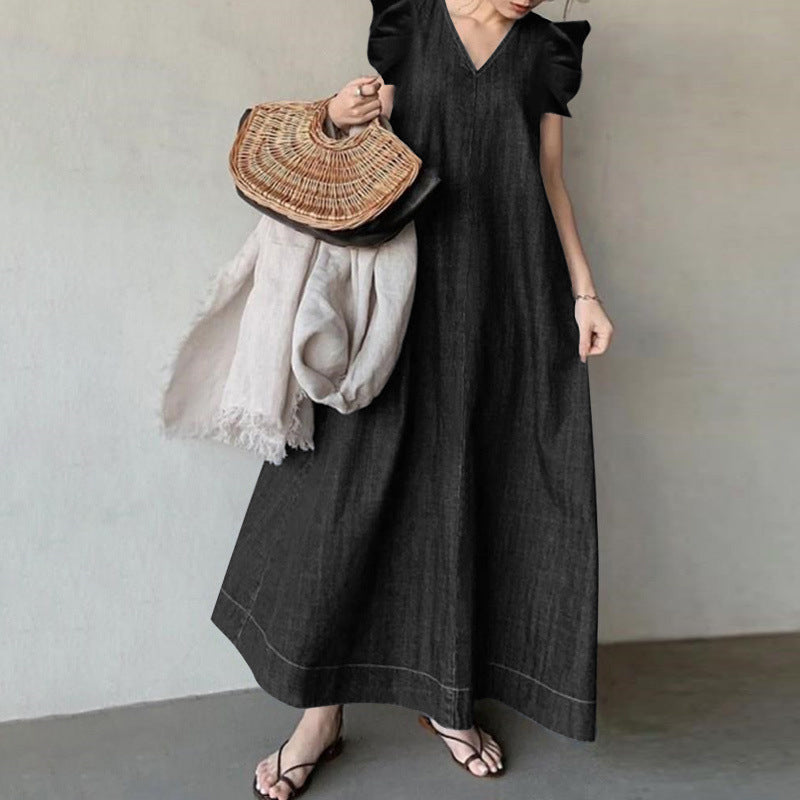 V-Neck Ruffle Sleeve Denim Style Maxi Dress | Loose Casual Vacation Dress