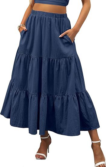 Solid Color Elastic Waist Tiered Midi Skirt | Pocket Style Maxi Skirt