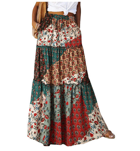 Bohemian Patchwork Print Tiered Maxi Skirt | Elastic Waist Pocket Skirt