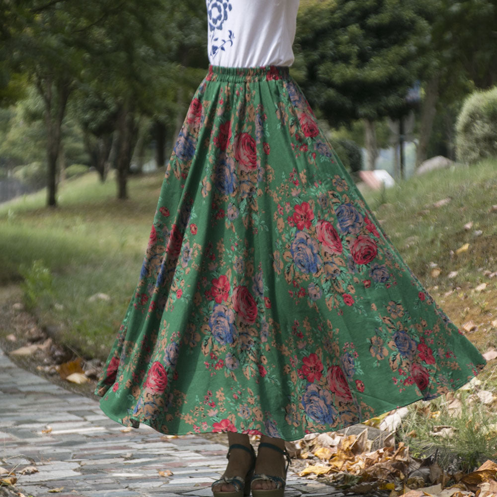 Cotton and linen printed maxi skirt | Retro ethnic style elastic waist midi skirt