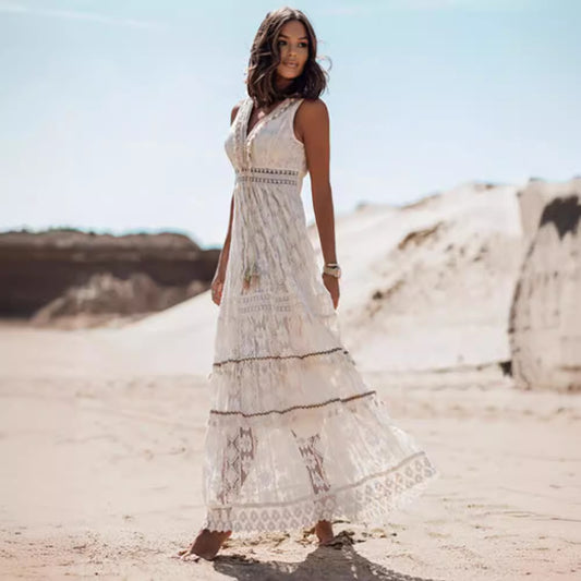 Boho Lace Tassel V-Neck High Slit Tiered Maxi Dress | Vacation Ethnic Style Beach Dress
