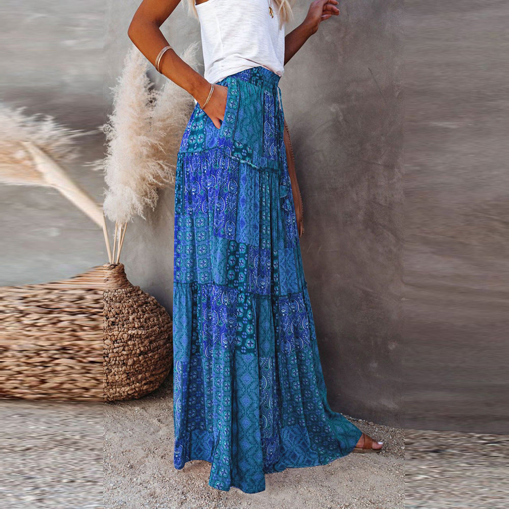 Bohemian Patchwork Print Tiered Maxi Skirt | Elastic Waist Pocket Skirt