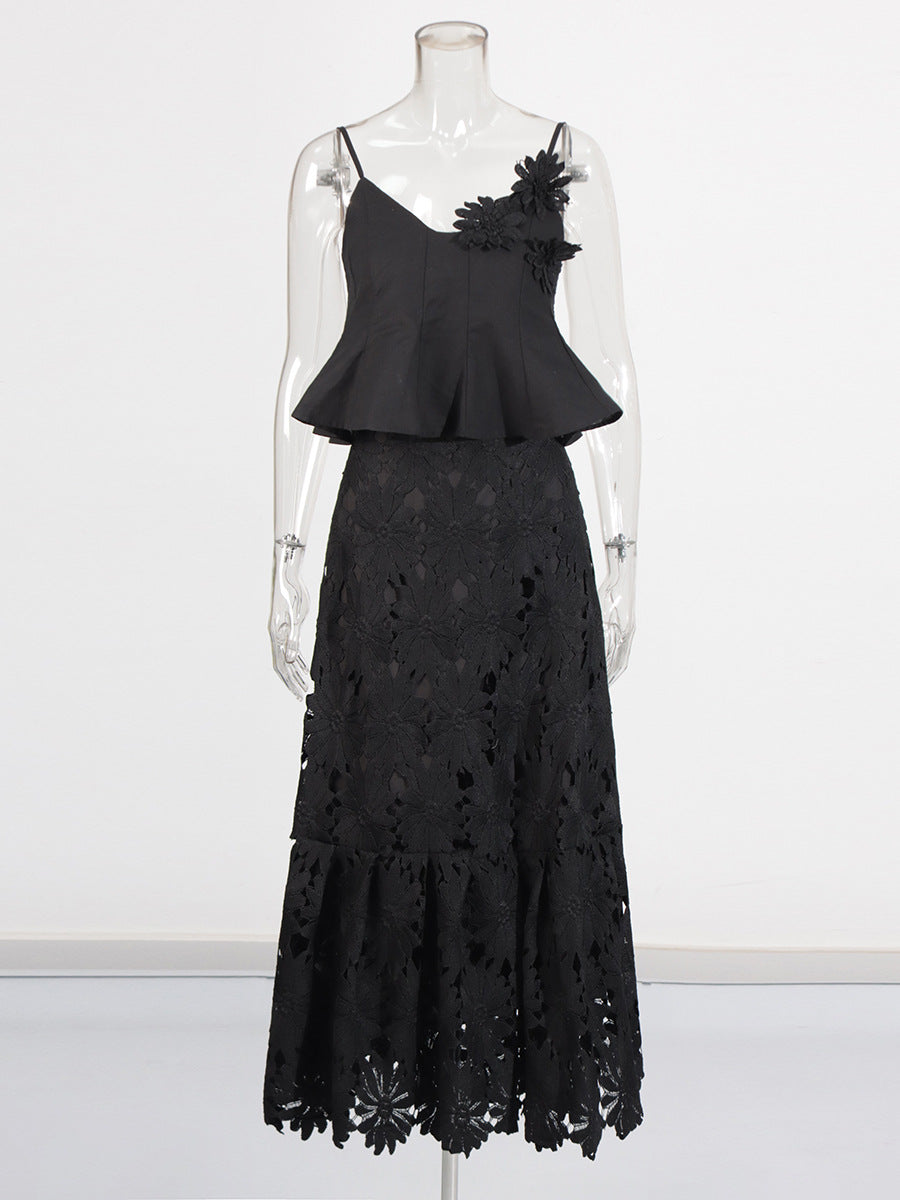 Boho 3D Flower Cami Peplum Top + Cutout Lace Tiered Maxi Skirt Set