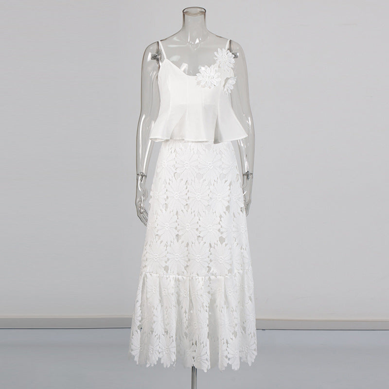 Boho 3D Flower Cami Peplum Top + Cutout Lace Tiered Maxi Skirt Set
