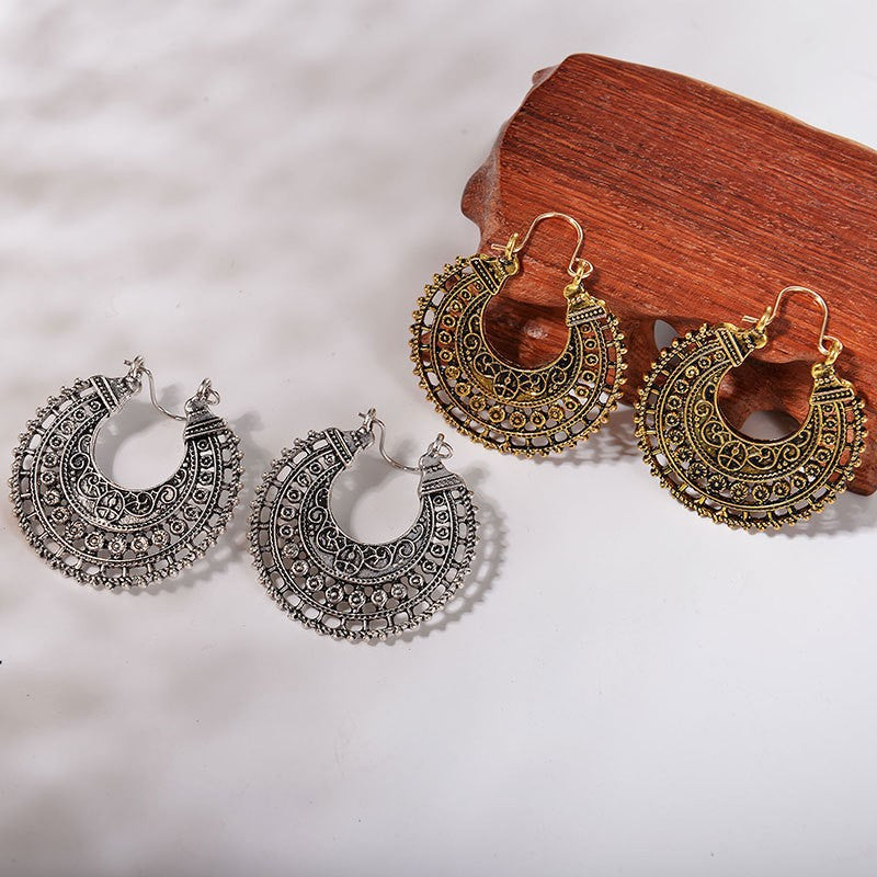 Boho Vintage Mandala Pattern Filigree Hoop Earrings | Ethnic Style Unique Design Earrings