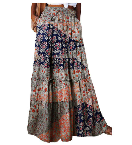 Bohemian Patchwork Print Tiered Maxi Skirt | Elastic Waist Pocket Skirt