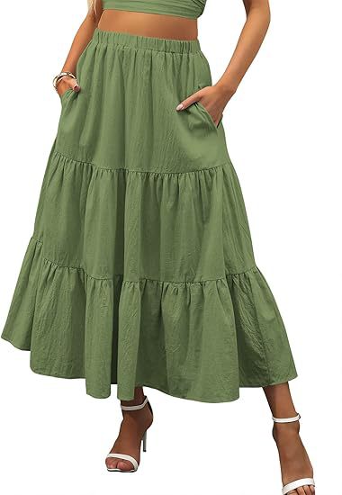 Solid Color Elastic Waist Tiered Midi Skirt | Pocket Style Maxi Skirt