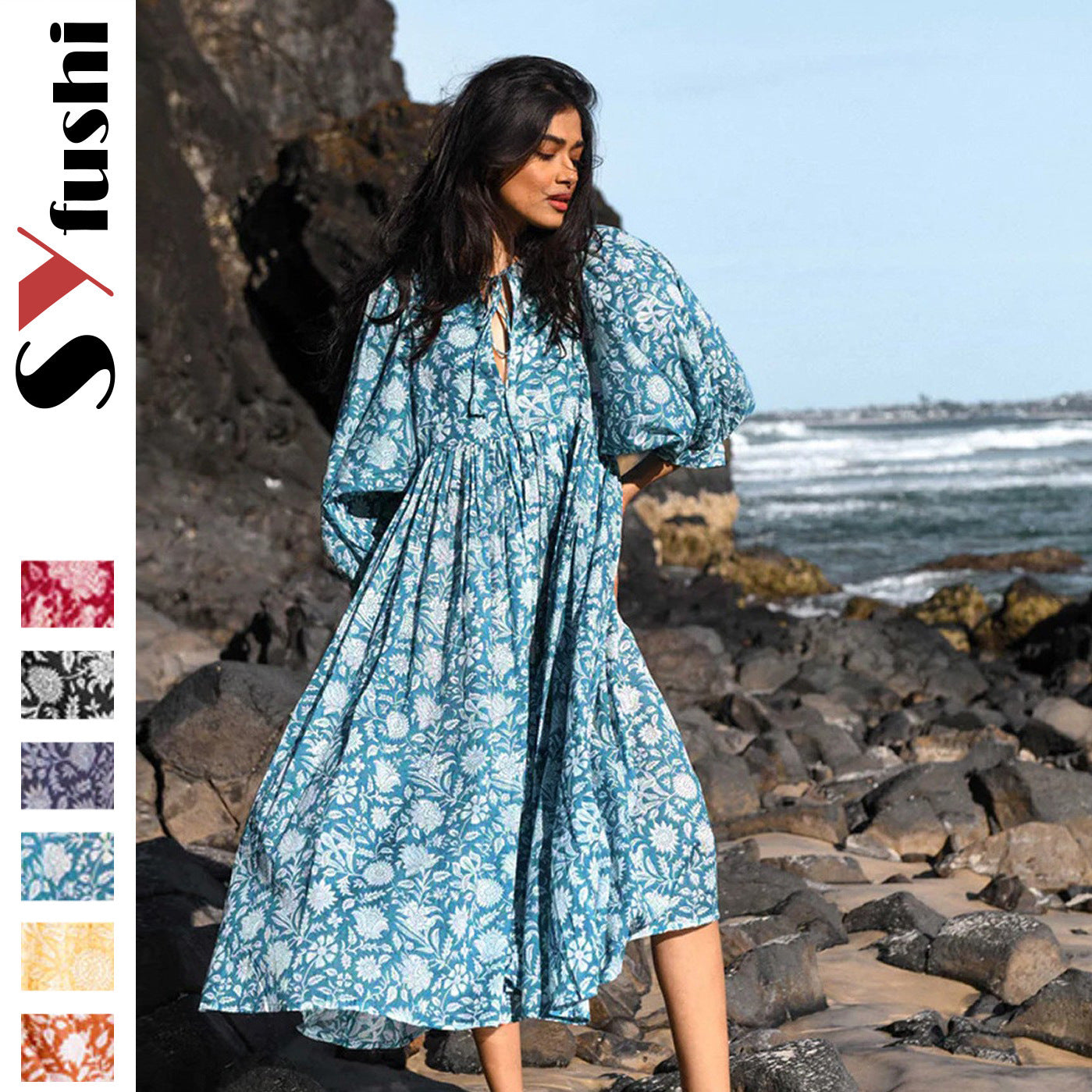 Bohemian Puff Sleeve Floral Maxi Dress | Vacation Style V-Neck Tie Dress