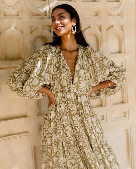 Bohemian Puff Sleeve Floral Maxi Dress | Vacation Style V-Neck Tie Dress