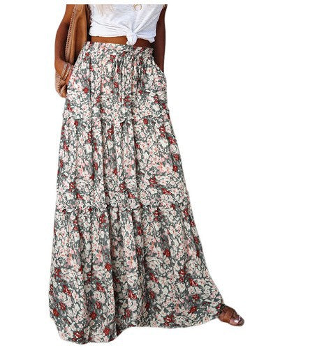 Bohemian Patchwork Print Tiered Maxi Skirt | Elastic Waist Pocket Skirt