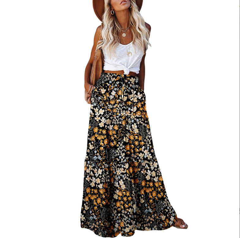 Bohemian Patchwork Print Tiered Maxi Skirt | Elastic Waist Pocket Skirt