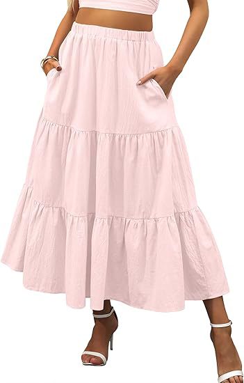 Solid Color Elastic Waist Tiered Midi Skirt | Pocket Style Maxi Skirt