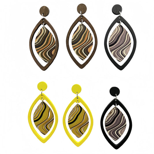 Vintage Wood Grain Marquise Cutout Earrings | Niche Design Color Block Dangle Earrings